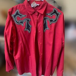 Red Button-Up Western Shirt with Black Embroidery